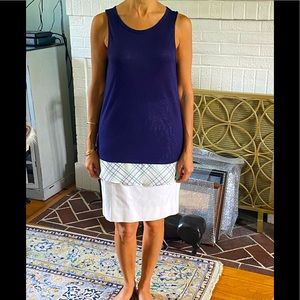 Charming Charlie navy blue knit tank top with plaid blouse bottom.